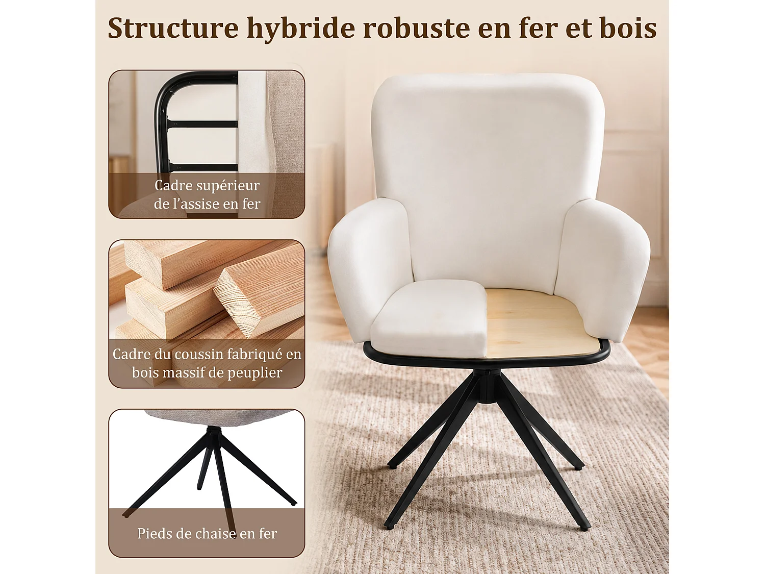 HOMEMIYN Chaise de salle à manger avec accoudoirs, Fauteuil de table pivotant 360°,  assise rembourrée en tissu, structure métal et bois, design moderne