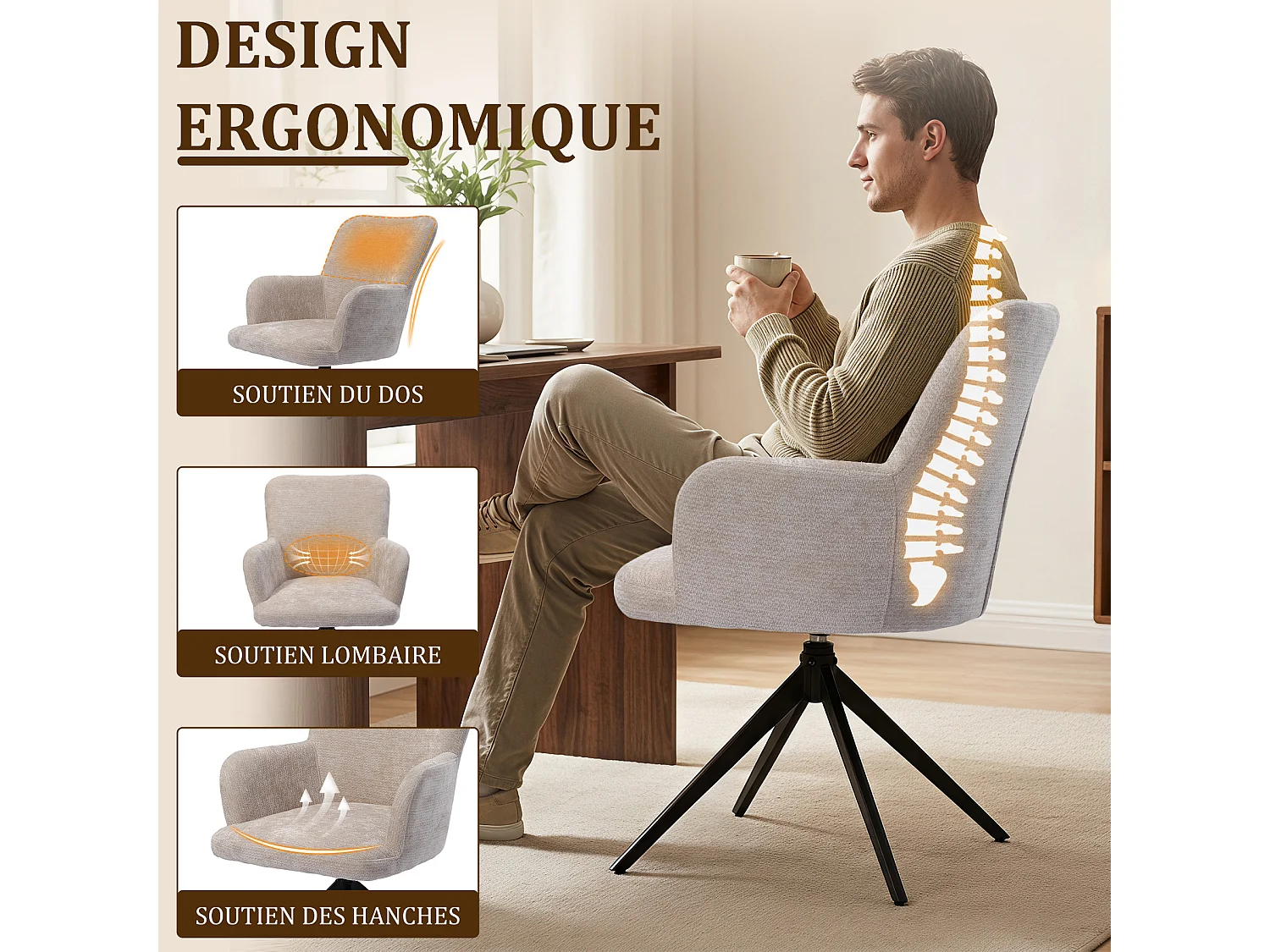 HOMEMIYN Chaise de salle à manger avec accoudoirs, Fauteuil de table pivotant 360°,  assise rembourrée en tissu, structure métal et bois, design moderne