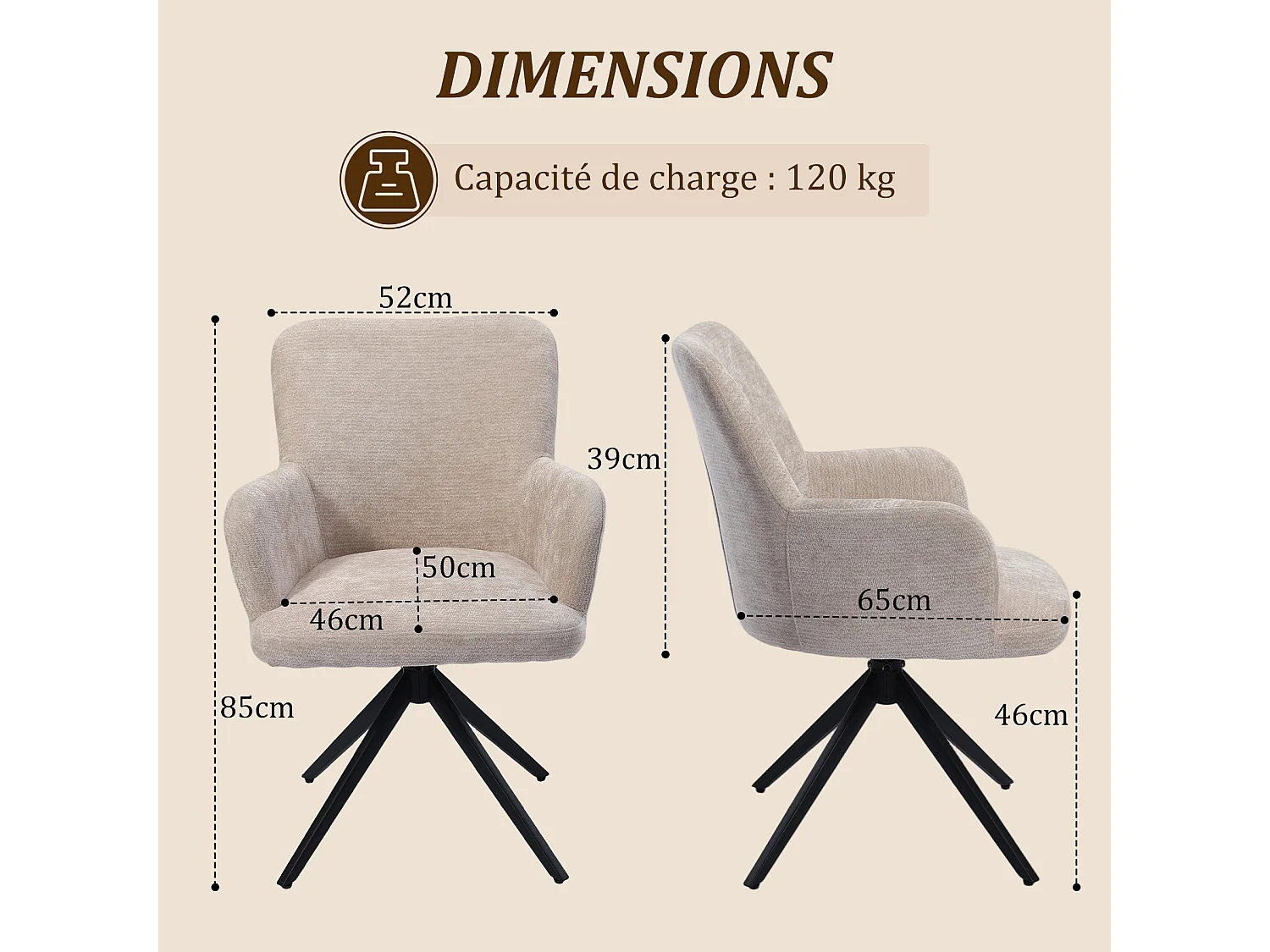 HOMEMIYN Chaise de salle à manger avec accoudoirs, Fauteuil de table pivotant 360°,  assise rembourrée en tissu, structure métal et bois, design moderne