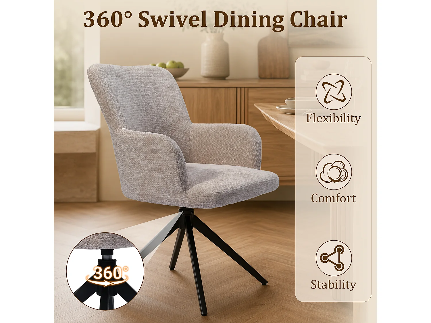 HOMEMIYN Chaise de salle à manger avec accoudoirs, Fauteuil de table pivotant 360°,  assise rembourrée en tissu, structure métal et bois, design moderne