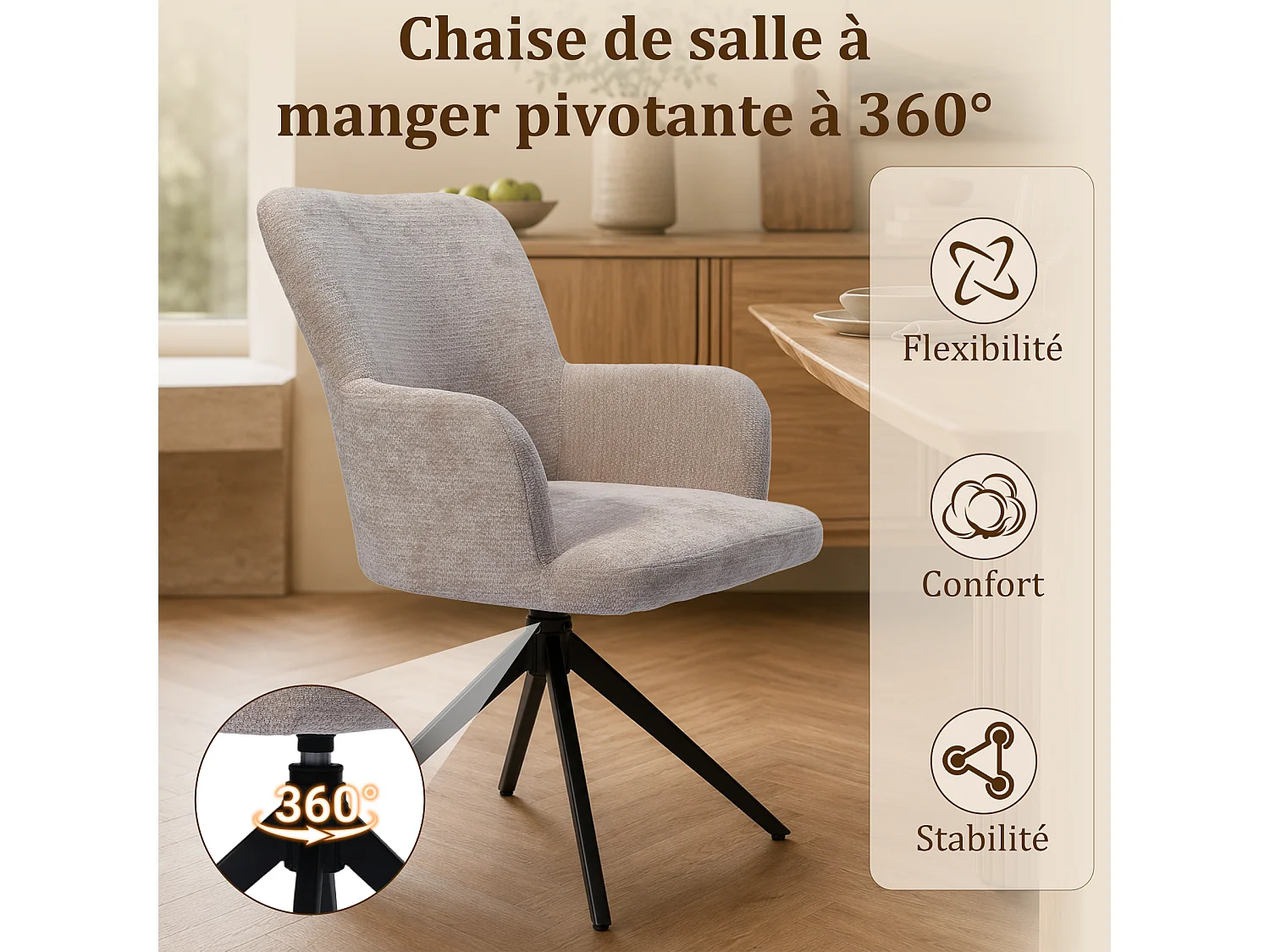 HOMEMIYN Chaise de salle à manger avec accoudoirs, Fauteuil de table pivotant 360°,  assise rembourrée en tissu, structure métal et bois, design moderne