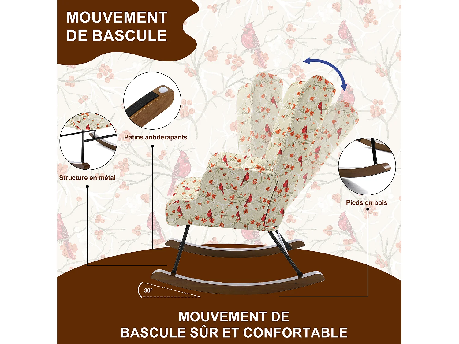 HomeMiYN Fauteuil à Bascule, Fauteuil Relax Rembourré avec Accoudoirs et Dossier Haut Ergonomique