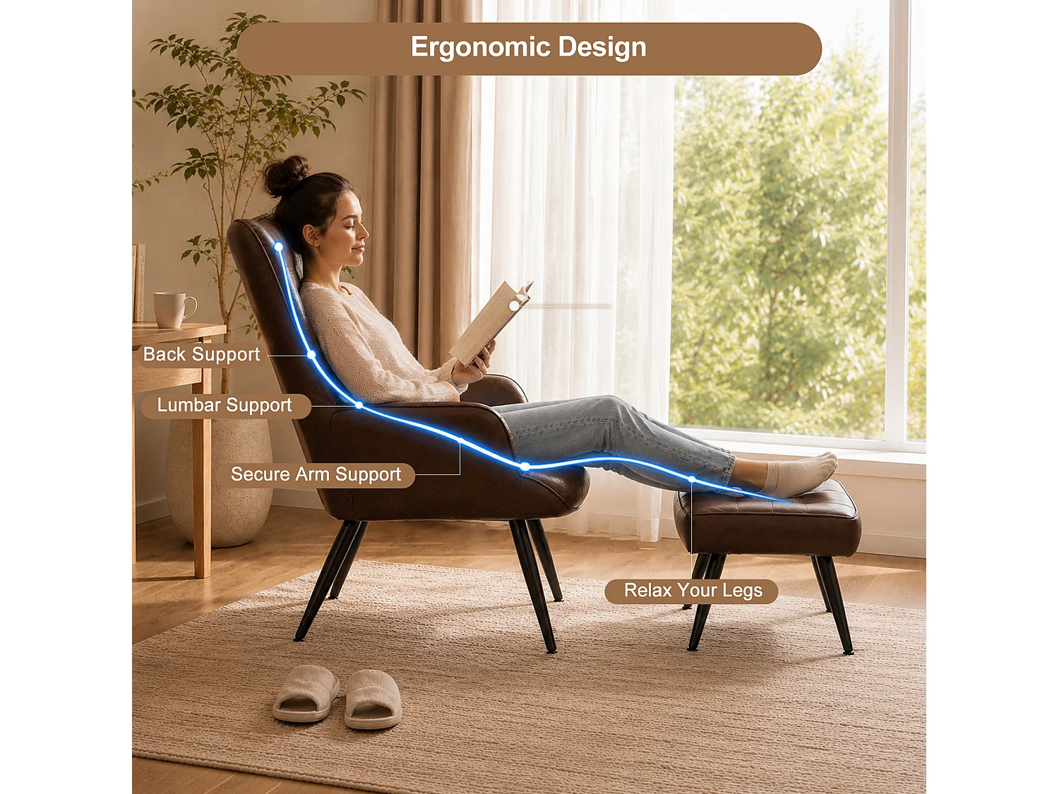 HomeMiYN Relaxfauteuil met Hocker, Hoge Rug Fauteuil met Voetenbankje, Comfortabele Lounge Stoel voor Woonkamer en Slaapkamer