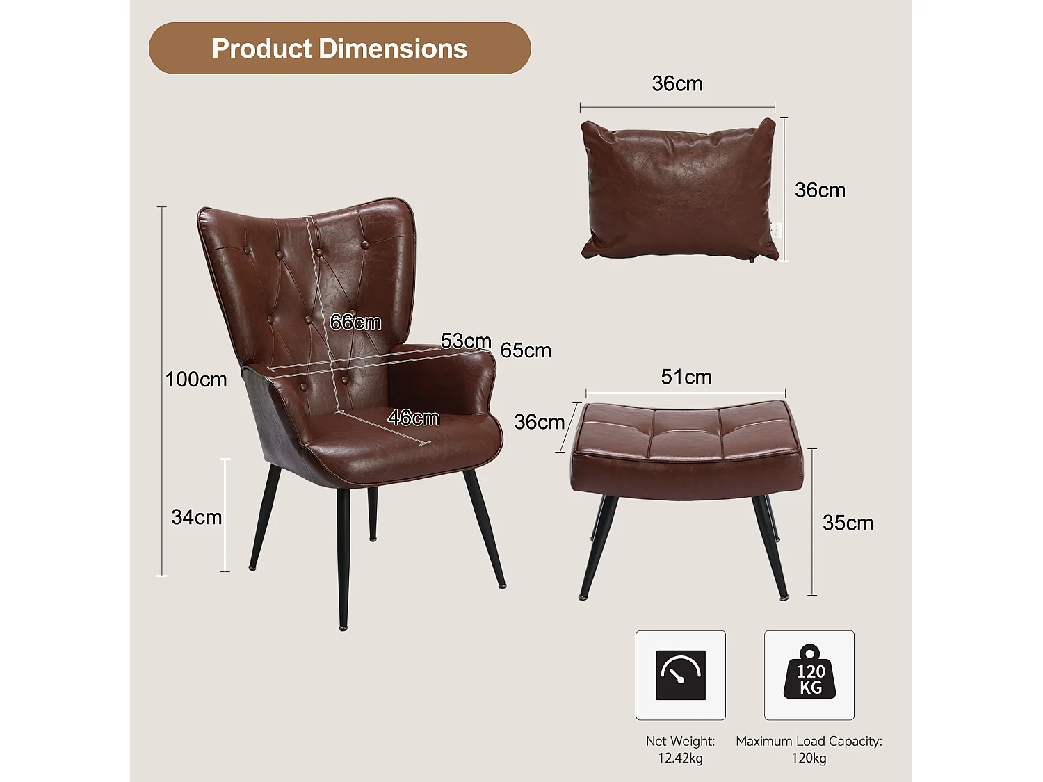 HomeMiYN Relaxfauteuil met Hocker, Hoge Rug Fauteuil met Voetenbankje, Comfortabele Lounge Stoel voor Woonkamer en Slaapkamer