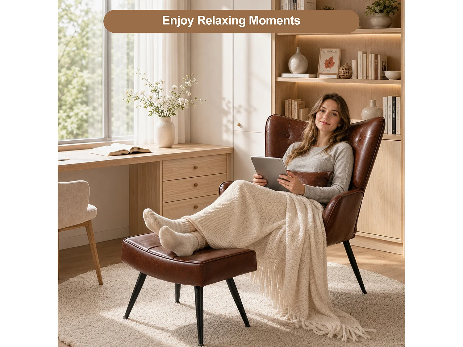 HomeMiYN Relaxfauteuil met Hocker, Hoge Rug Fauteuil met Voetenbankje, Comfortabele Lounge Stoel voor Woonkamer en Slaapkamer