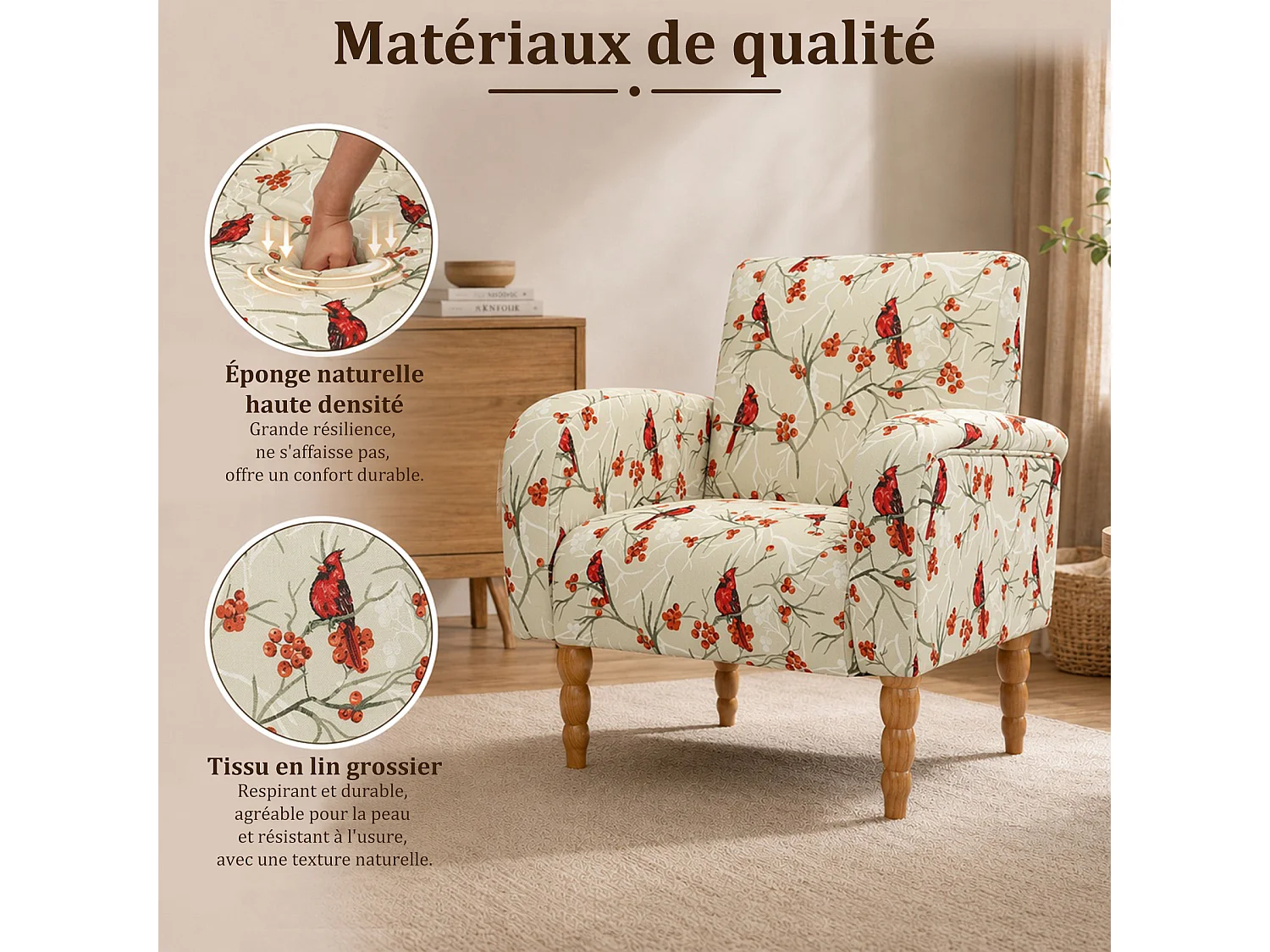 Fauteuil Lounge Moderne – Fauteuil d’Accent Rembourré Confortable avec Dossier Haut pour un Soutien Optimal, Assise Douce avec Coussin, Fauteuil de Lecture Conforta