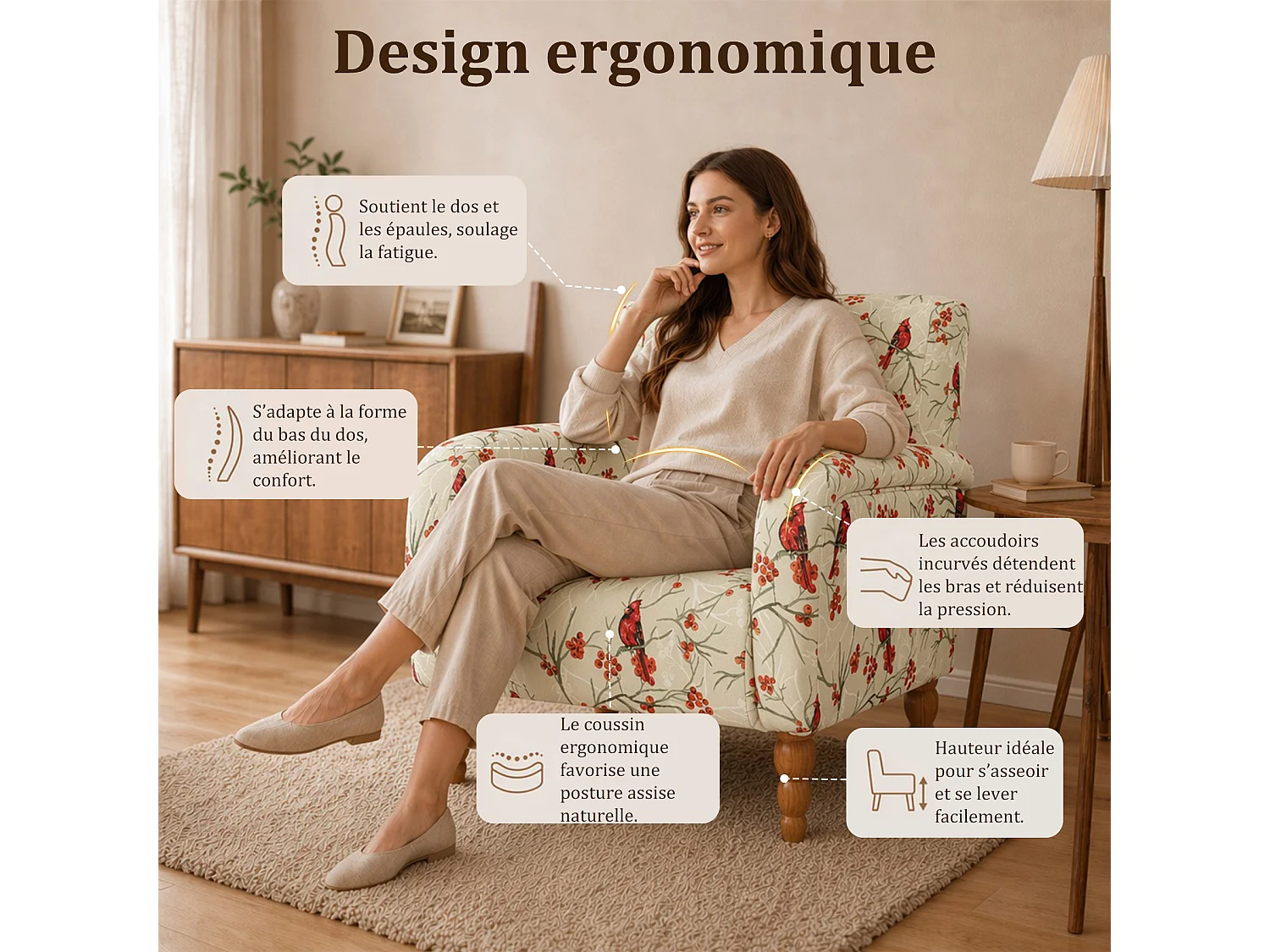 Fauteuil Lounge Moderne – Fauteuil d’Accent Rembourré Confortable avec Dossier Haut pour un Soutien Optimal, Assise Douce avec Coussin, Fauteuil de Lecture Conforta