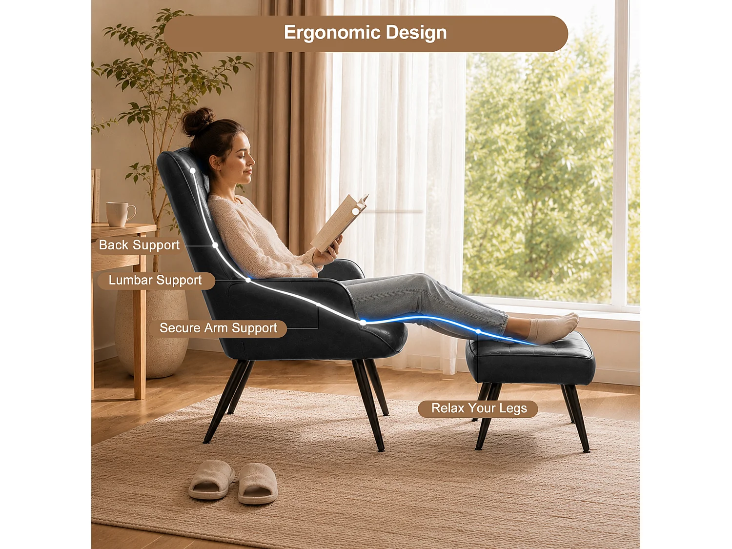 HomeMiYN Relaxfauteuil met Hocker, Hoge Rug Fauteuil met Voetenbankje, Comfortabele Lounge Stoel voor Woonkamer en Slaapkamer