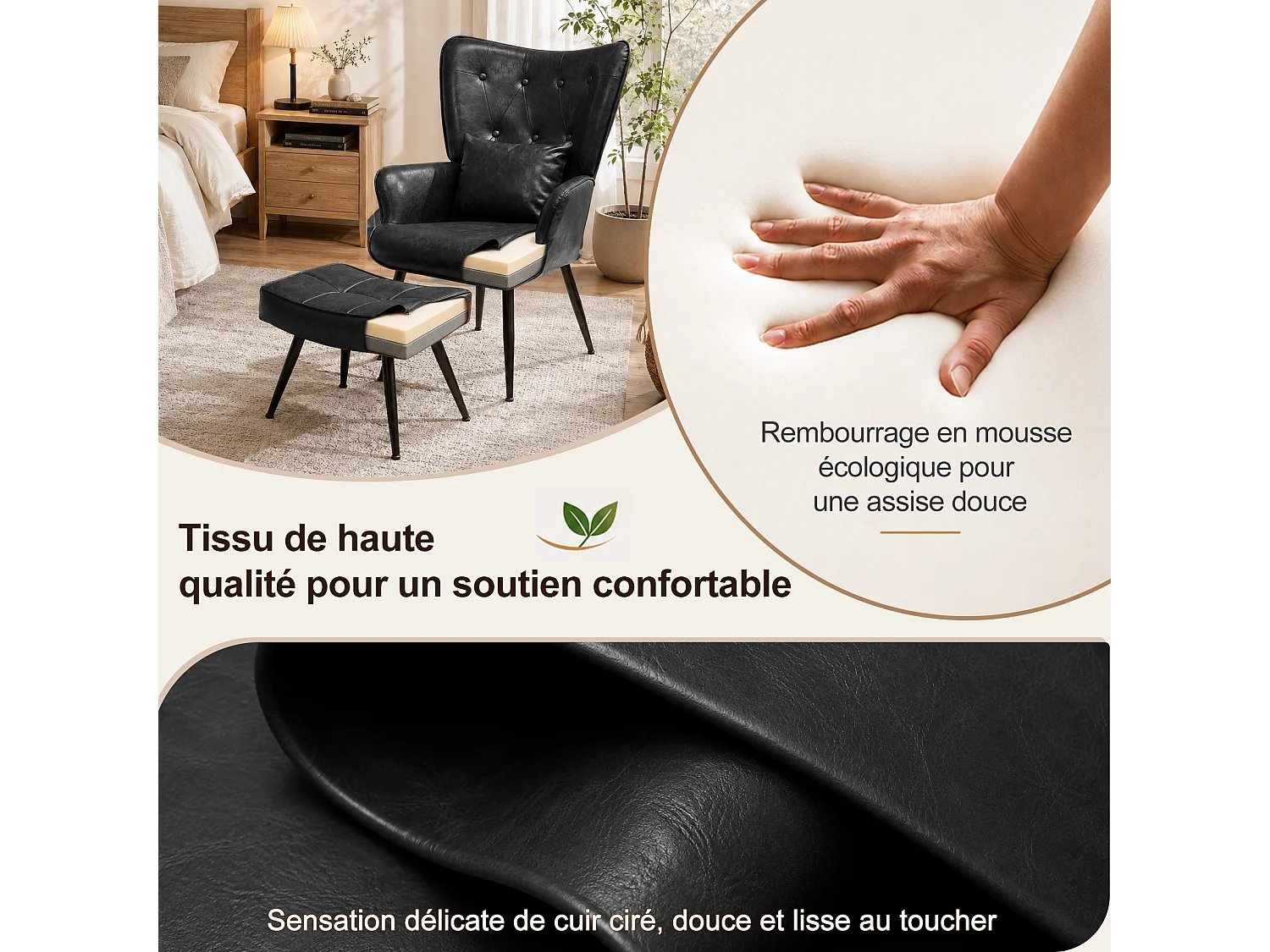 HOMEMIYN Fauteuil avec repose-pieds, fauteuil vintage en simili cuir effet ciré, dossier haut capitonné, coussin lombaire, salon chambre, noir