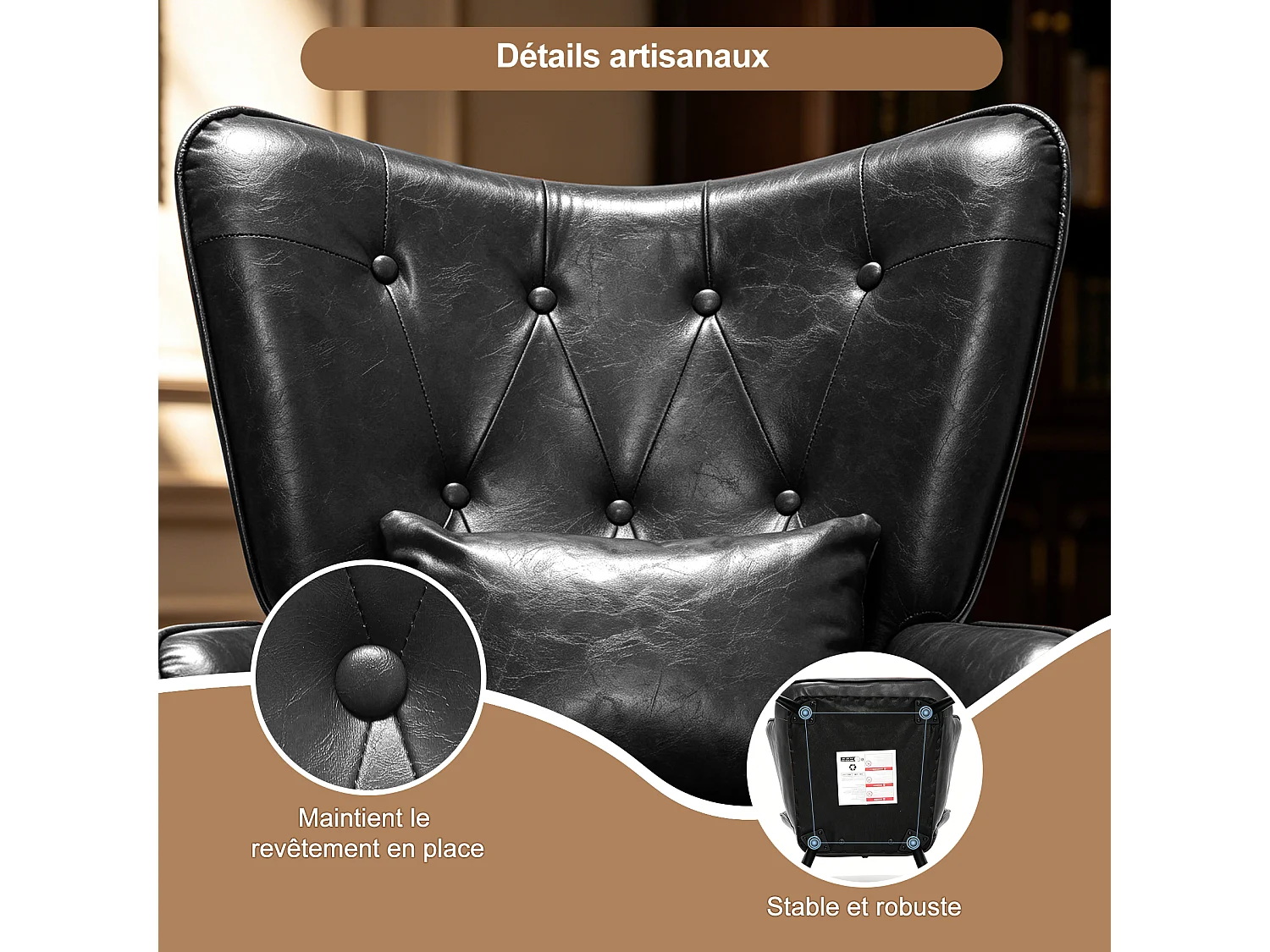 HOMEMIYN Fauteuil avec repose-pieds, fauteuil vintage en simili cuir effet ciré, dossier haut capitonné, coussin lombaire, salon chambre, noir