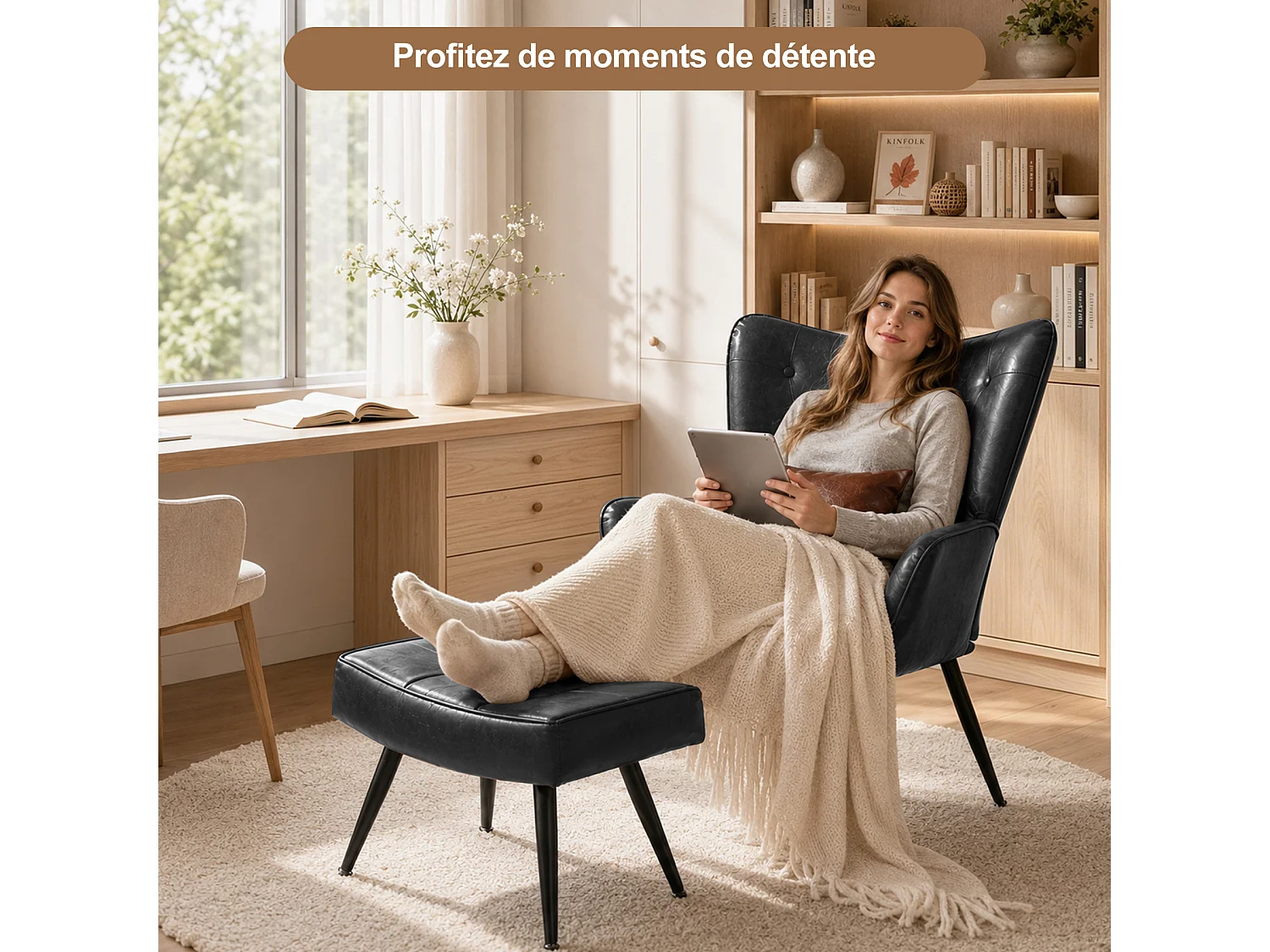 HOMEMIYN Fauteuil avec repose-pieds, fauteuil vintage en simili cuir effet ciré, dossier haut capitonné, coussin lombaire, salon chambre, noir
