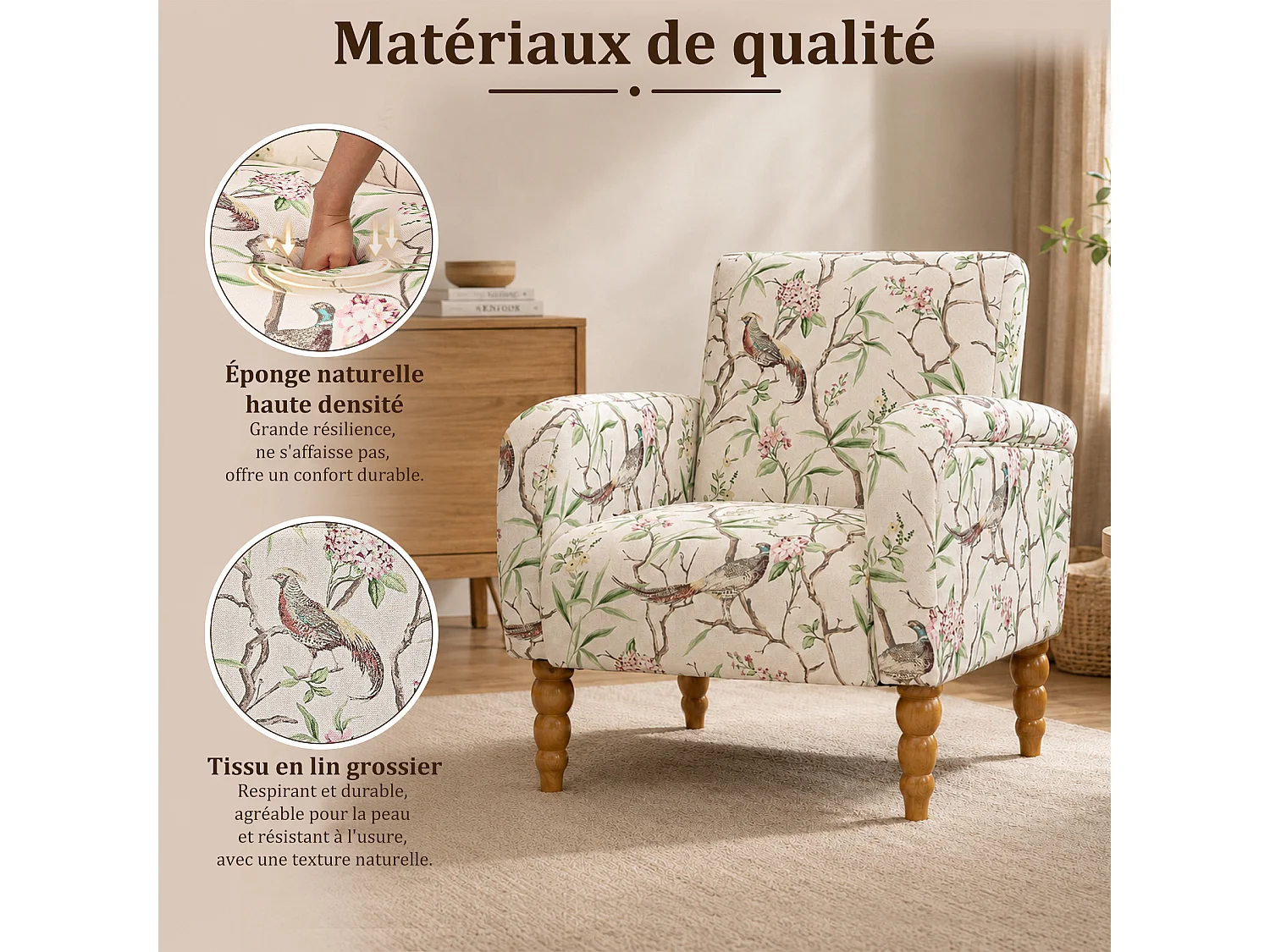 Fauteuil Lounge Moderne – Fauteuil d’Accent Rembourré Confortable avec Dossier Haut pour un Soutien Optimal, Assise Douce avec Coussin, Fauteuil de Lecture Conforta