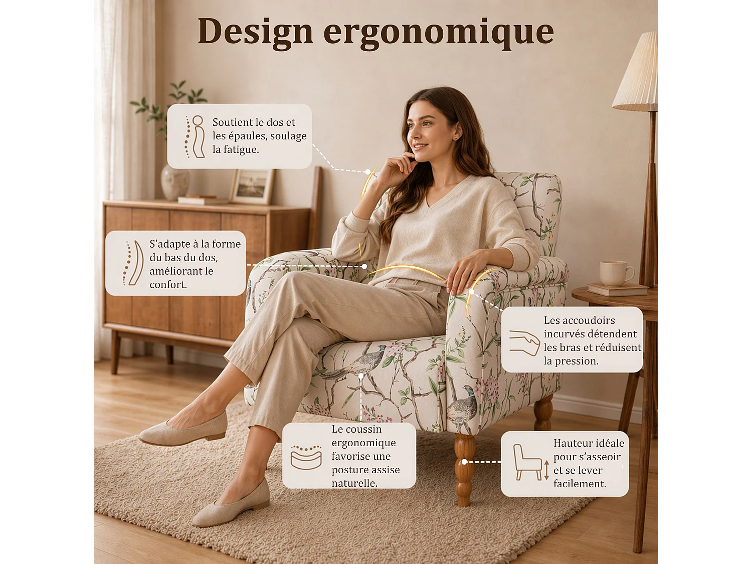 Fauteuil Lounge Moderne – Fauteuil d’Accent Rembourré Confortable avec Dossier Haut pour un Soutien Optimal, Assise Douce avec Coussin, Fauteuil de Lecture Conforta