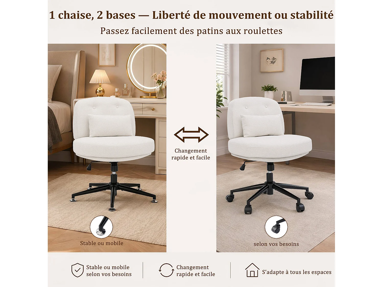 HOMEMIYN Chaise de bureau ergonomique avec coussin lombaire, Fauteuil pivotant 360°, dossier inclinable réglable,  tissu beige, hauteur ajustable