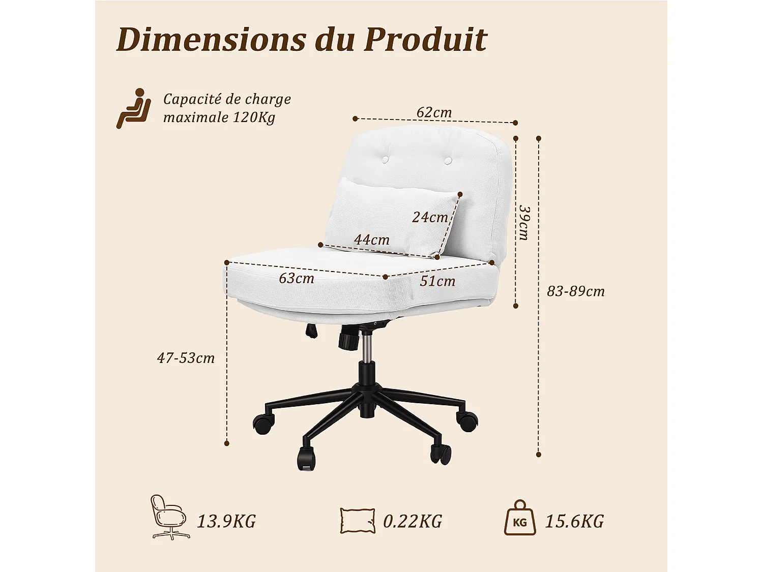 HOMEMIYN Chaise de bureau ergonomique avec coussin lombaire, Fauteuil pivotant 360°, dossier inclinable réglable,  tissu beige, hauteur ajustable