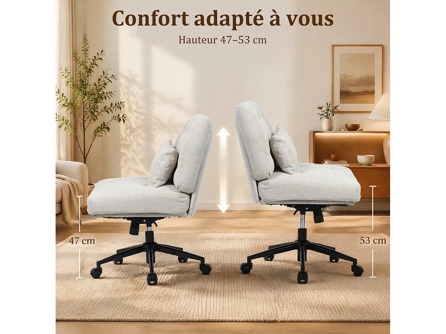 Chaise de bureau ergonomique avec coussin lombaire, Fauteuil relaxation pivotant 360°, dossier inclinable réglable, tissu beige, hauteur ajustable
