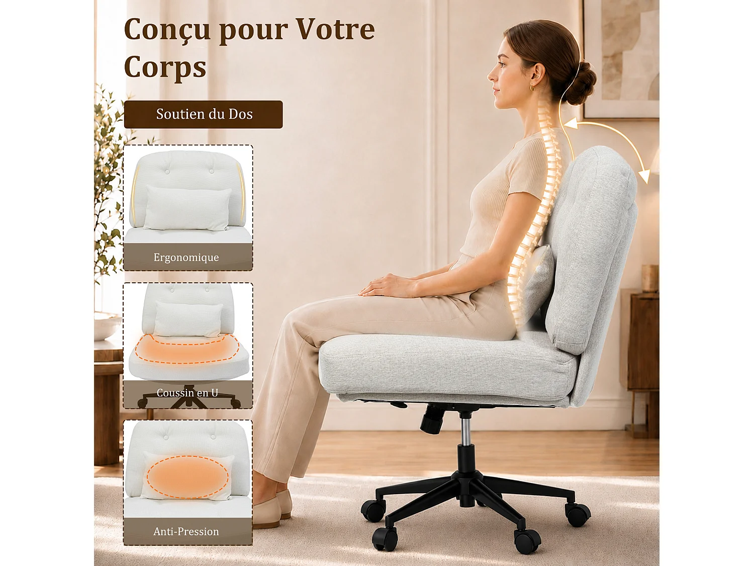 Chaise de bureau ergonomique avec coussin lombaire, Fauteuil relaxation pivotant 360°, dossier inclinable réglable, tissu beige, hauteur ajustable