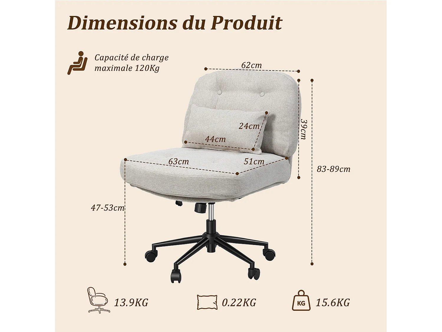 Chaise de bureau ergonomique avec coussin lombaire, Fauteuil relaxation pivotant 360°, dossier inclinable réglable, tissu beige, hauteur ajustable