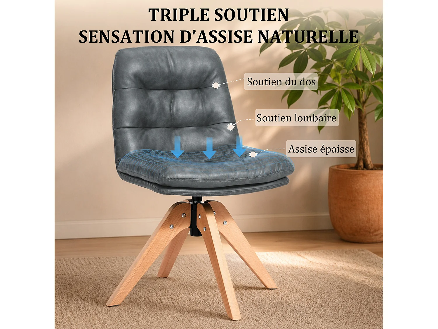 Chaise de Salle à Manger Pivotante Moderne – Chaise Rembourrée en Simili Cuir PU avec Pieds en Bois, Fauteuil Rotatif à 360°, Chaise Confortable pour Cuisine et Sal