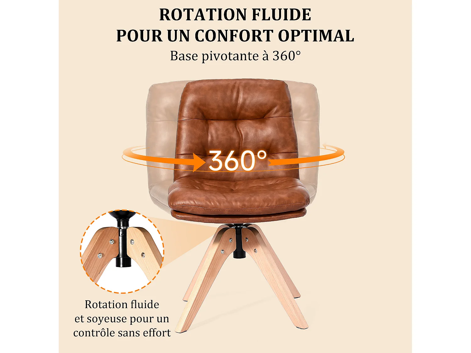 Chaise de Salle à Manger Pivotante Moderne – Chaise Rembourrée en Simili Cuir PU avec Pieds en Bois, Fauteuil Rotatif à 360°, Chaise Confortable pour Cuisine et Sal