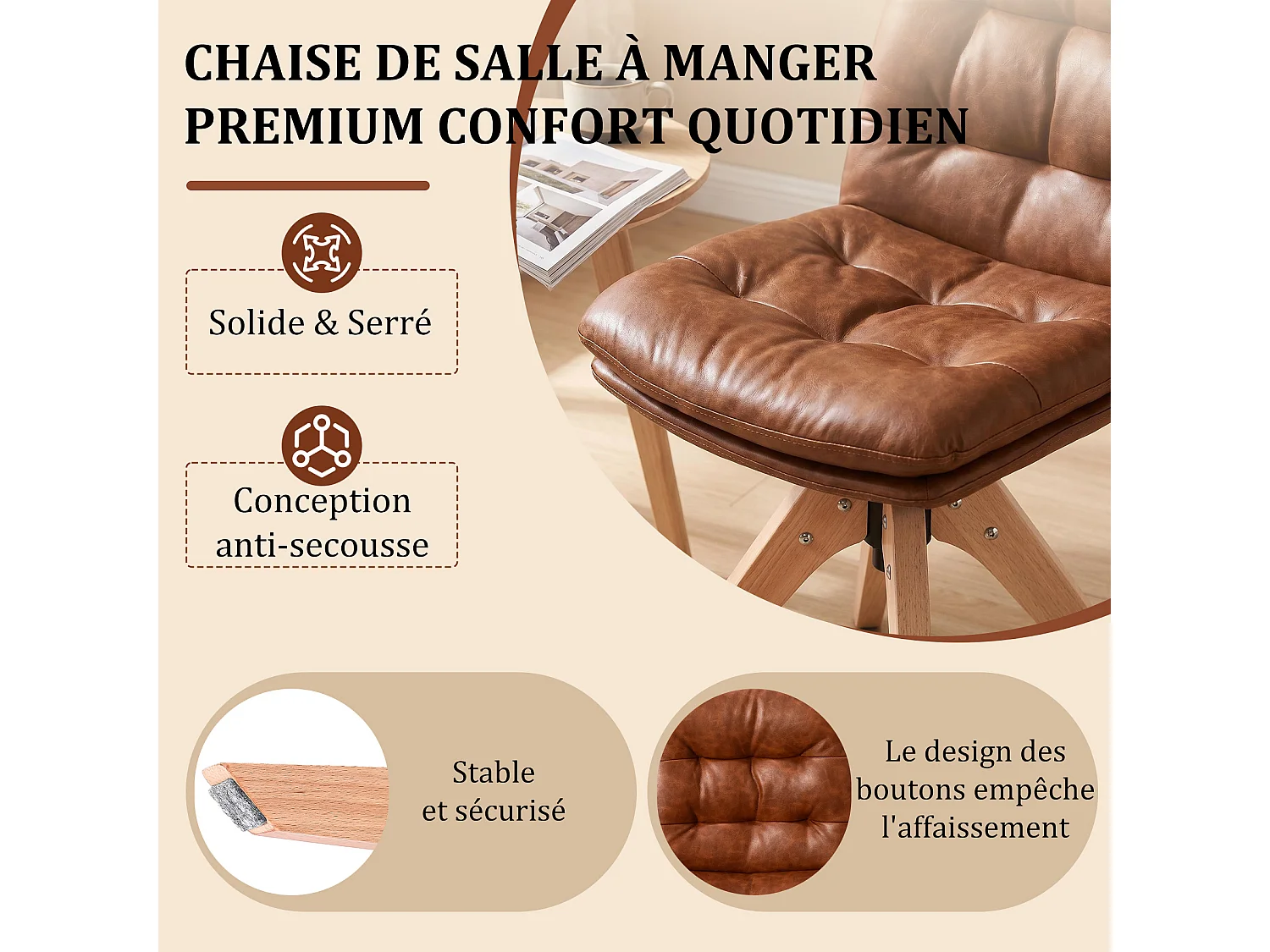 Chaise de Salle à Manger Pivotante Moderne – Chaise Rembourrée en Simili Cuir PU avec Pieds en Bois, Fauteuil Rotatif à 360°, Chaise Confortable pour Cuisine et Sal