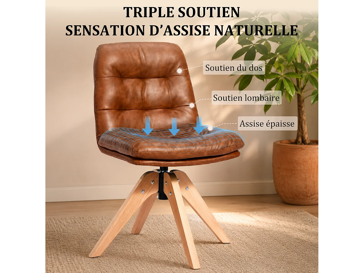 Chaise de Salle à Manger Pivotante Moderne – Chaise Rembourrée en Simili Cuir PU avec Pieds en Bois, Fauteuil Rotatif à 360°, Chaise Confortable pour Cuisine et Sal