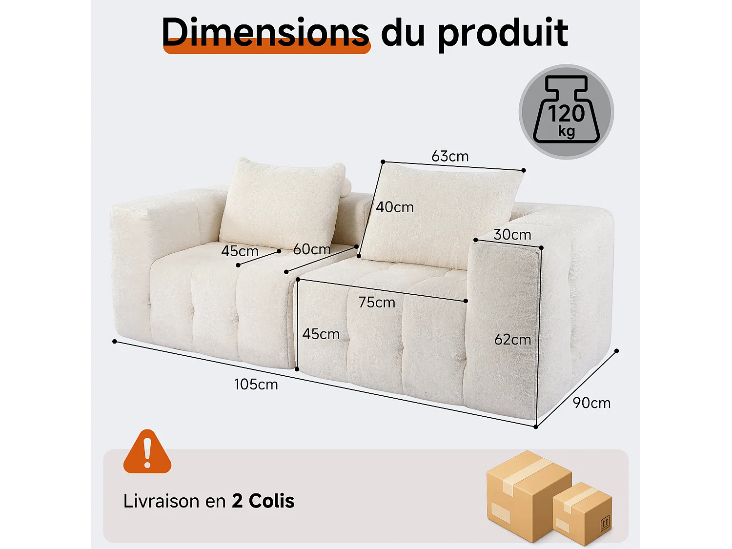 Canapé 2 places modulaire en mousse compressée – design confort nuage, emballé sous vide sans montage, canapé gain de place pour salon et chambre, canapé lounge dou
