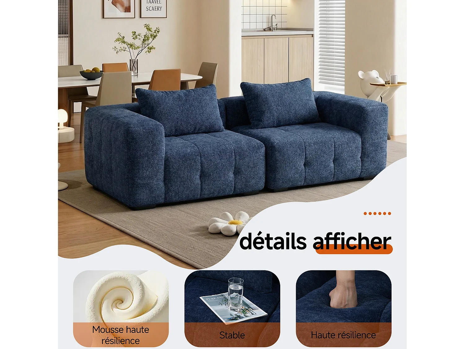 Canapé 2 places modulaire en mousse compressée – design confort nuage, emballé sous vide sans montage, canapé gain de place pour salon et chambre, canapé lounge dou