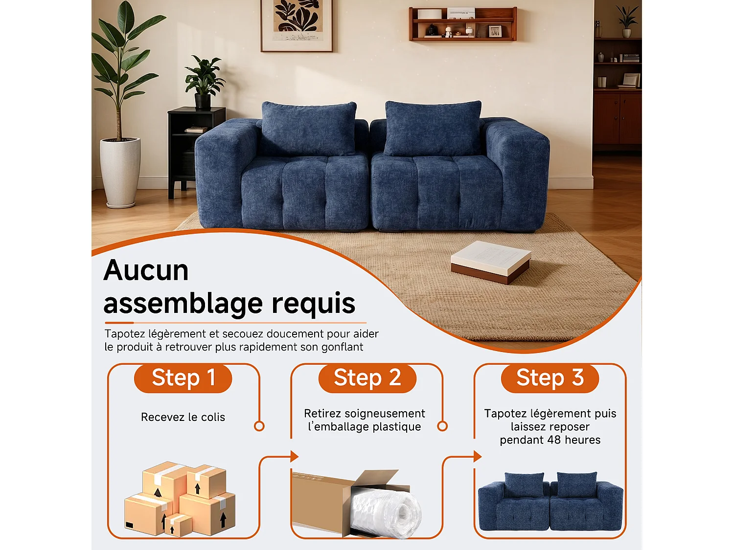 Canapé 2 places modulaire en mousse compressée – design confort nuage, emballé sous vide sans montage, canapé gain de place pour salon et chambre, canapé lounge dou