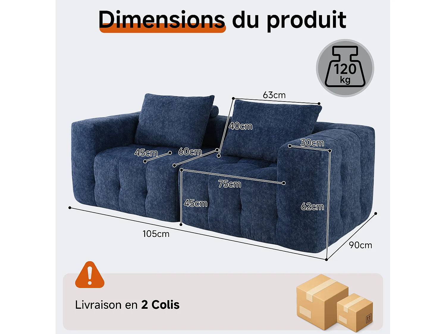 Canapé 2 places modulaire en mousse compressée – design confort nuage, emballé sous vide sans montage, canapé gain de place pour salon et chambre, canapé lounge dou