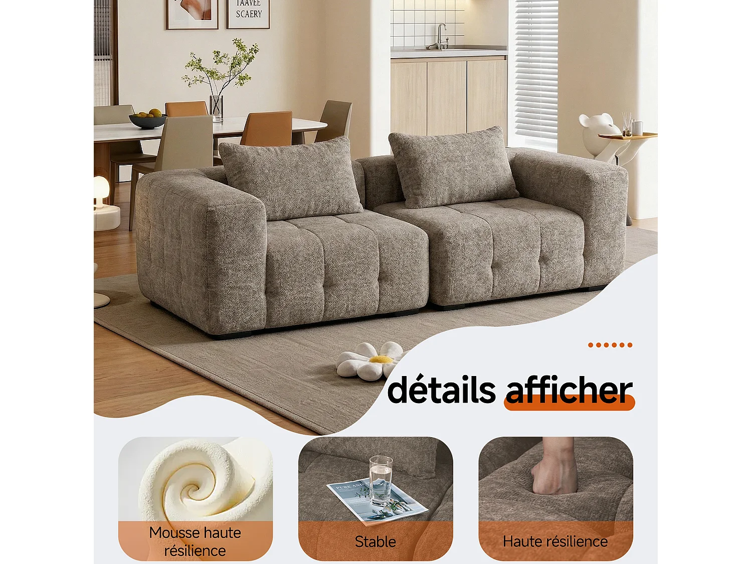 Canapé 2 places modulaire en mousse compressée – design confort nuage, emballé sous vide sans montage, canapé gain de place pour salon et chambre, canapé lounge dou