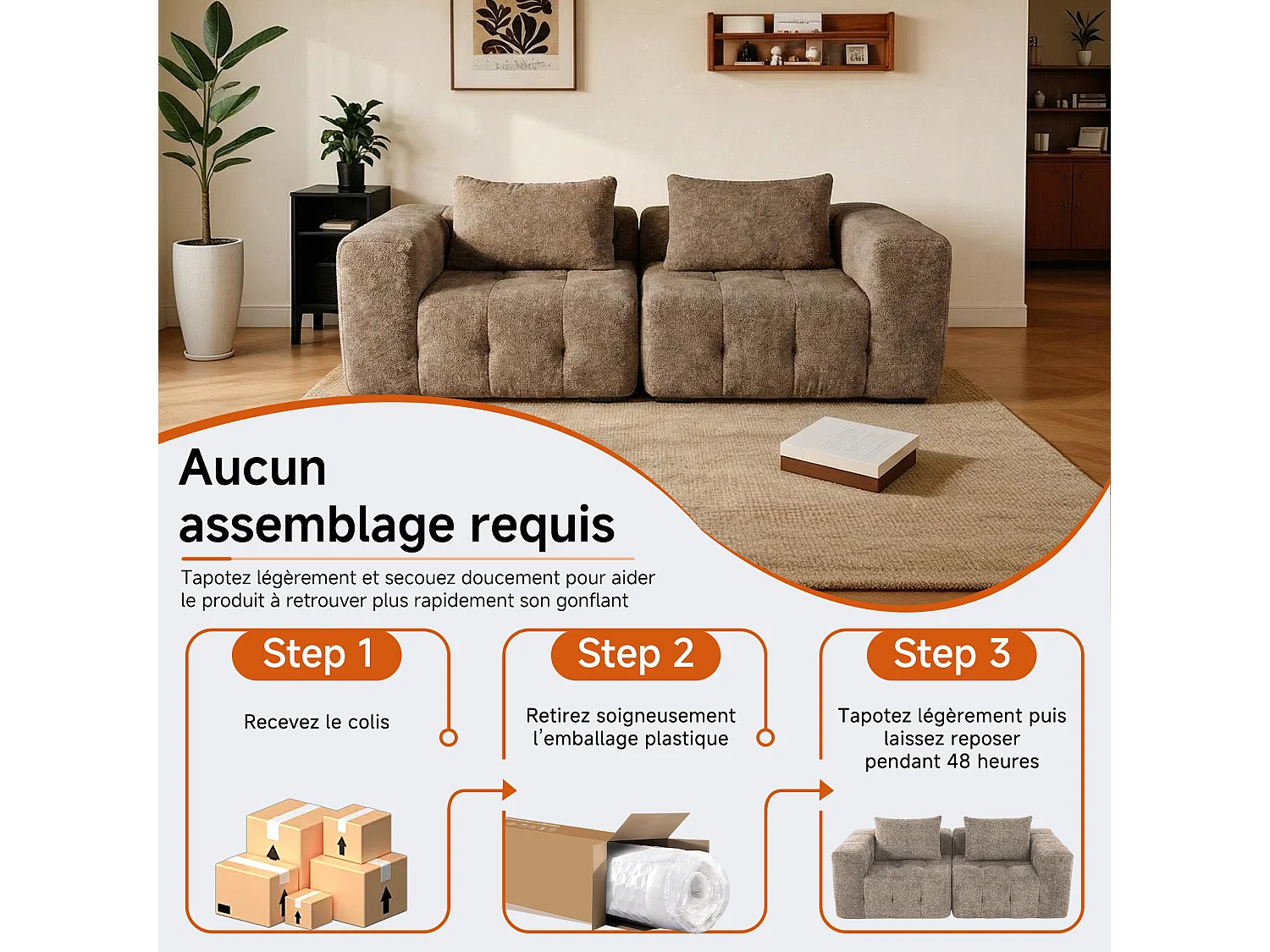 Canapé 2 places modulaire en mousse compressée – design confort nuage, emballé sous vide sans montage, canapé gain de place pour salon et chambre, canapé lounge dou