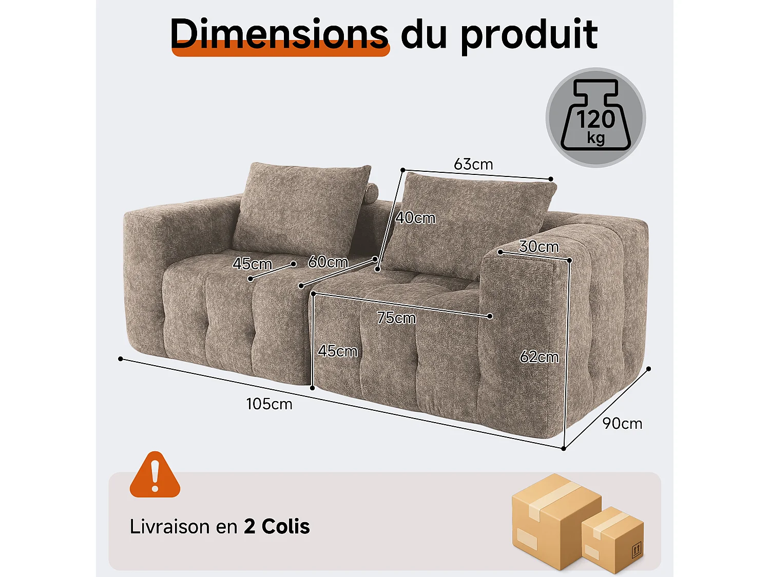 Canapé 2 places modulaire en mousse compressée – design confort nuage, emballé sous vide sans montage, canapé gain de place pour salon et chambre, canapé lounge dou
