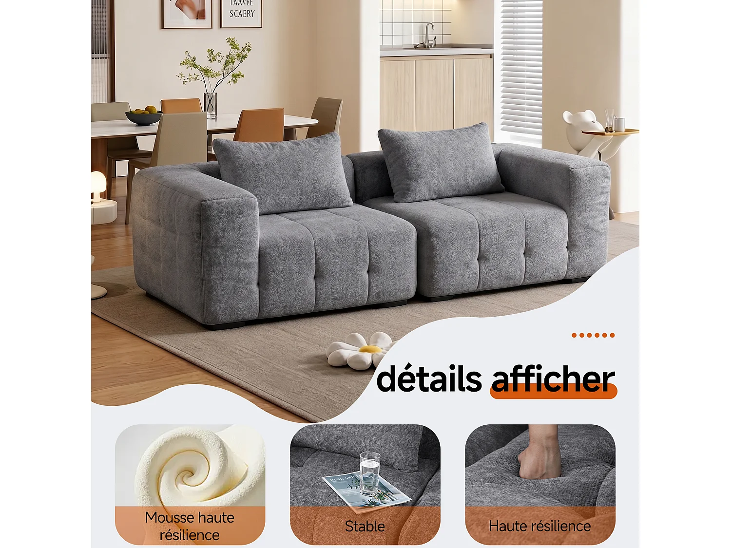 Canapé 2 places modulaire en mousse compressée – design confort nuage, emballé sous vide sans montage, canapé gain de place pour salon et chambre, canapé lounge dou