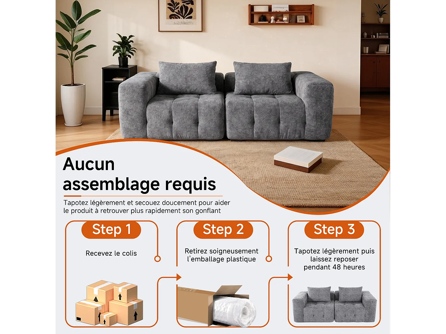 Canapé 2 places modulaire en mousse compressée – design confort nuage, emballé sous vide sans montage, canapé gain de place pour salon et chambre, canapé lounge dou