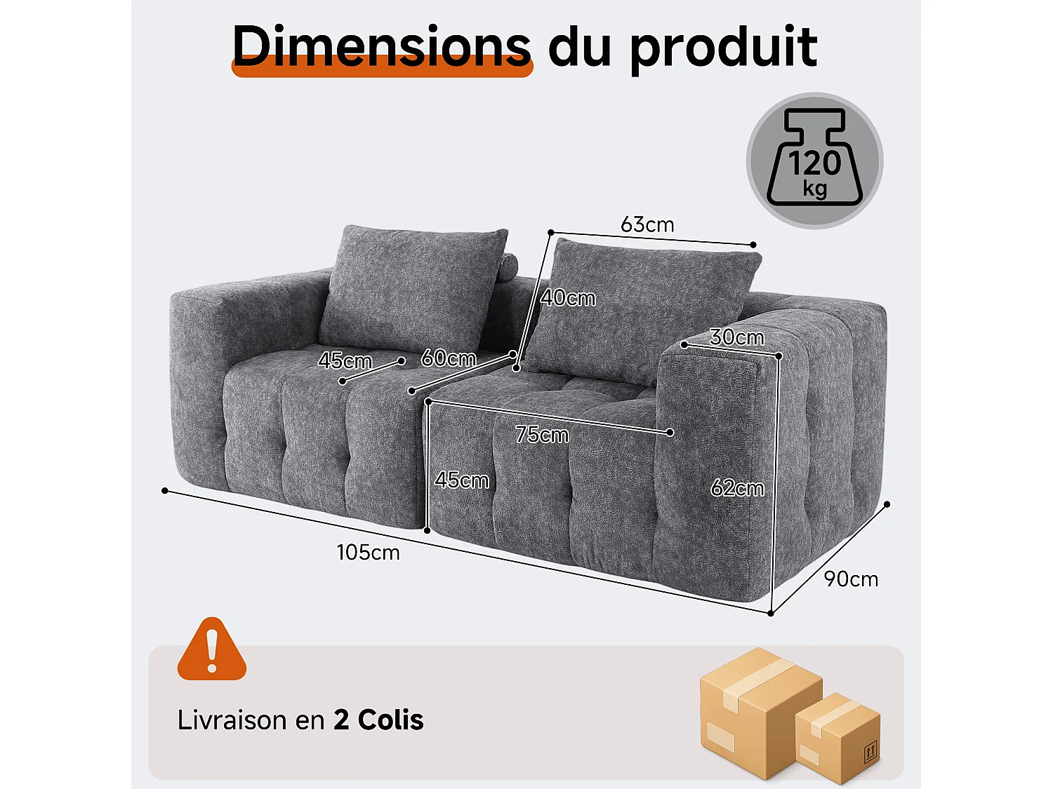 Canapé 2 places modulaire en mousse compressée – design confort nuage, emballé sous vide sans montage, canapé gain de place pour salon et chambre, canapé lounge dou
