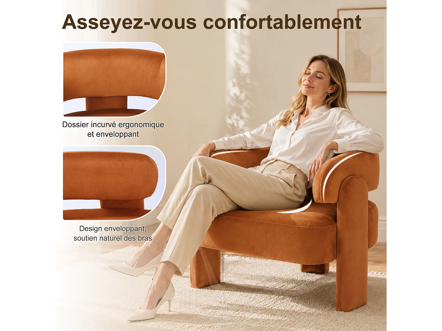 Fauteuil d’Accent Moderne – Fauteuil Rembourré Confortable avec Dossier Enveloppant, Fauteuil Lounge avec Coussin Moelleux, Fauteuil de Lecture pour Salon, Chambre