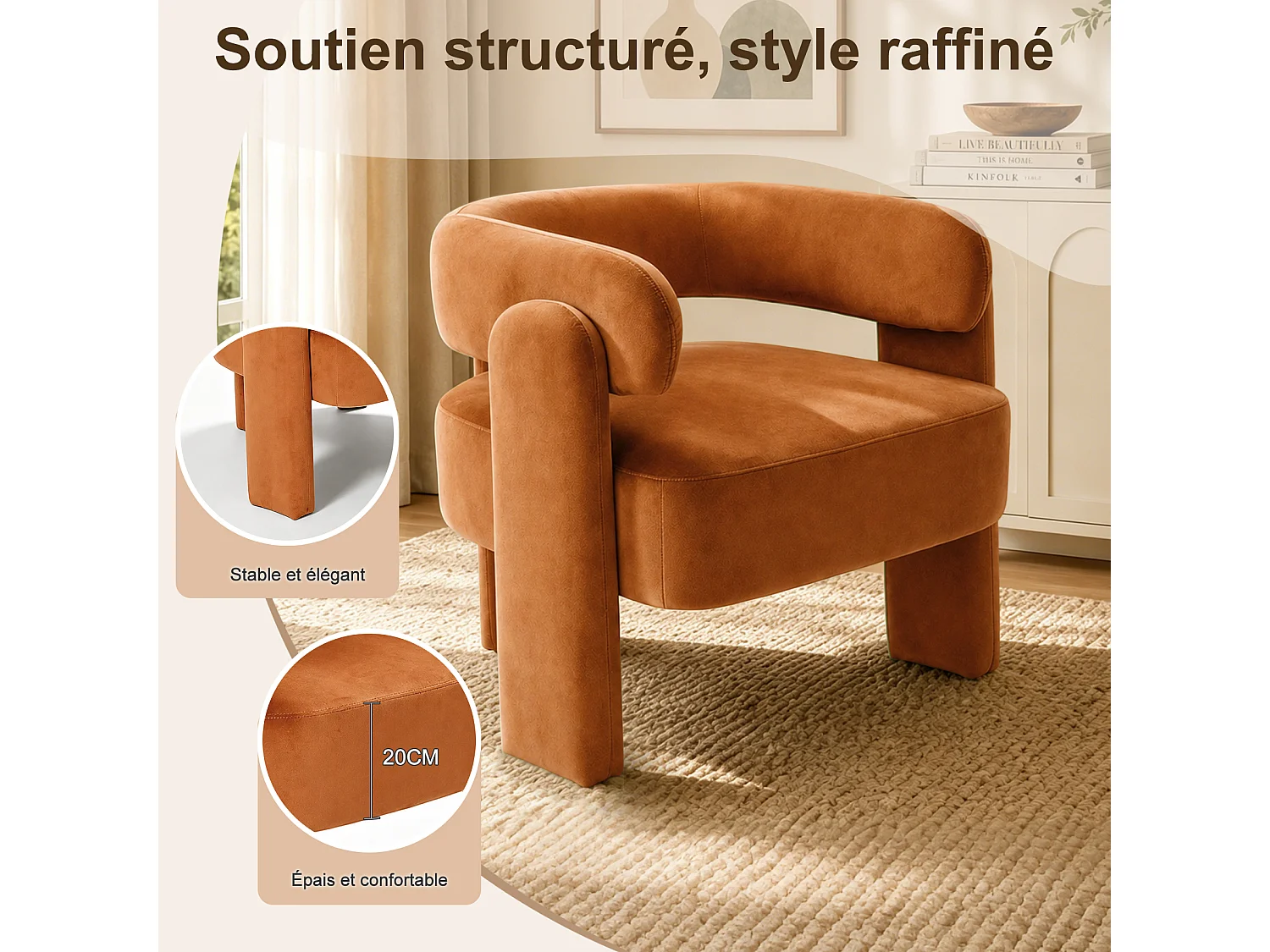 Fauteuil d’Accent Moderne – Fauteuil Rembourré Confortable avec Dossier Enveloppant, Fauteuil Lounge avec Coussin Moelleux, Fauteuil de Lecture pour Salon, Chambre