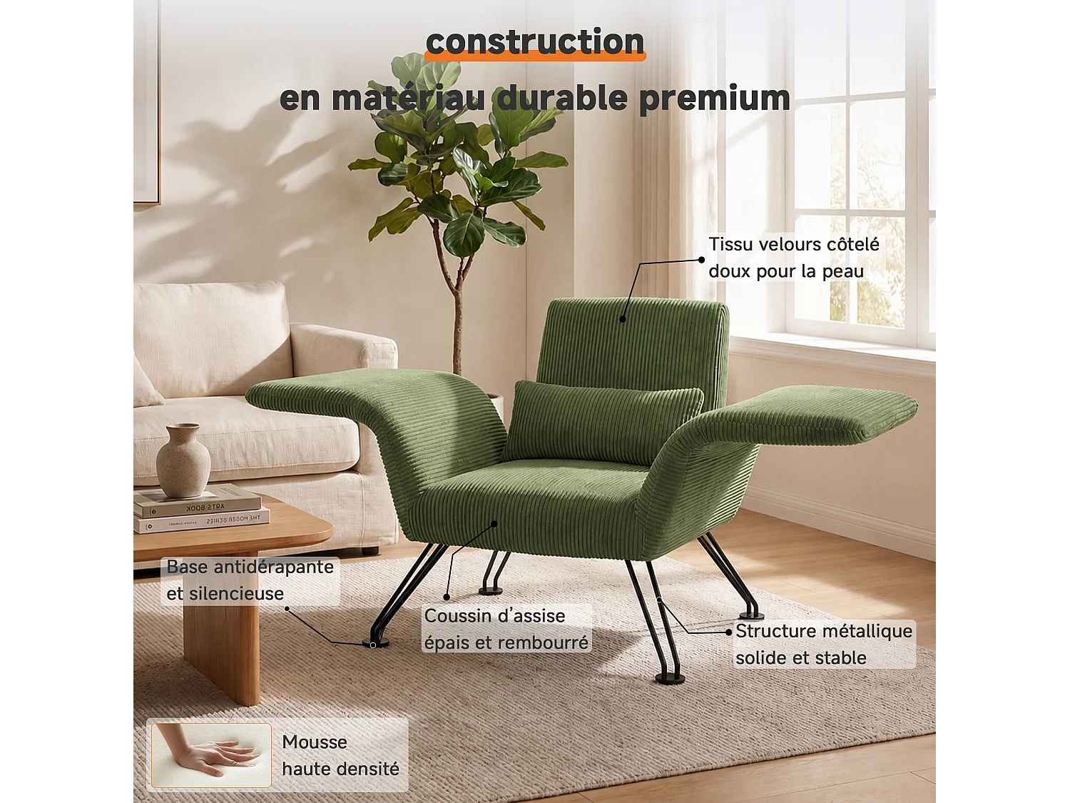 Vleugelstoel met Kussen – Verstelbare Fauteuil met Hoge Rugleuning voor Optimale Ondersteuning, Comfortabele Gestoffeerde Leesstoel, Moderne Accentstoel voor Woonka