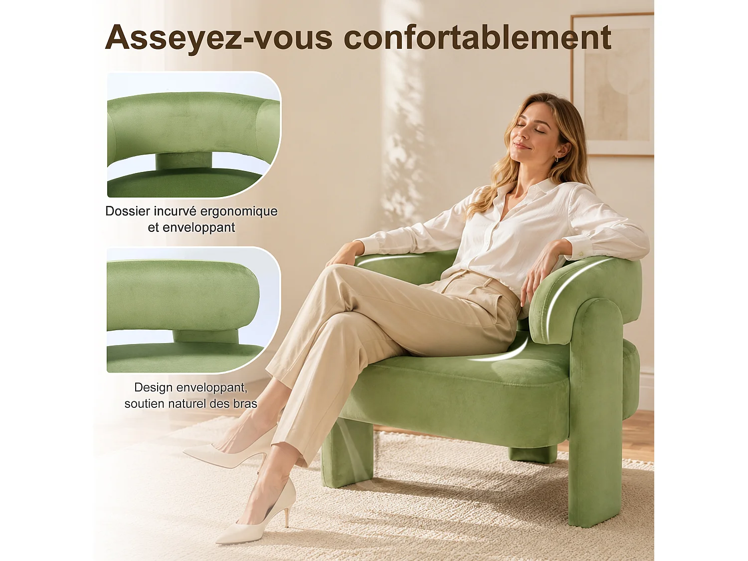 Fauteuil d’Accent Moderne – Fauteuil Rembourré Confortable avec Dossier Enveloppant, Fauteuil Lounge avec Coussin Moelleux, Fauteuil de Lecture pour Salon, Chambre