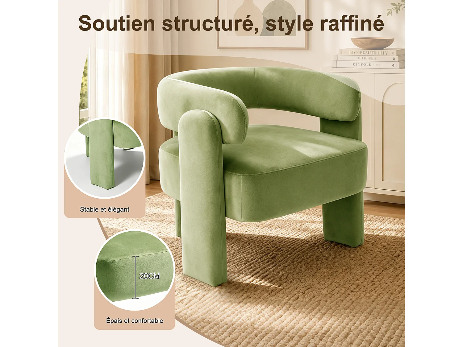 Fauteuil d’Accent Moderne – Fauteuil Rembourré Confortable avec Dossier Enveloppant, Fauteuil Lounge avec Coussin Moelleux, Fauteuil de Lecture pour Salon, Chambre