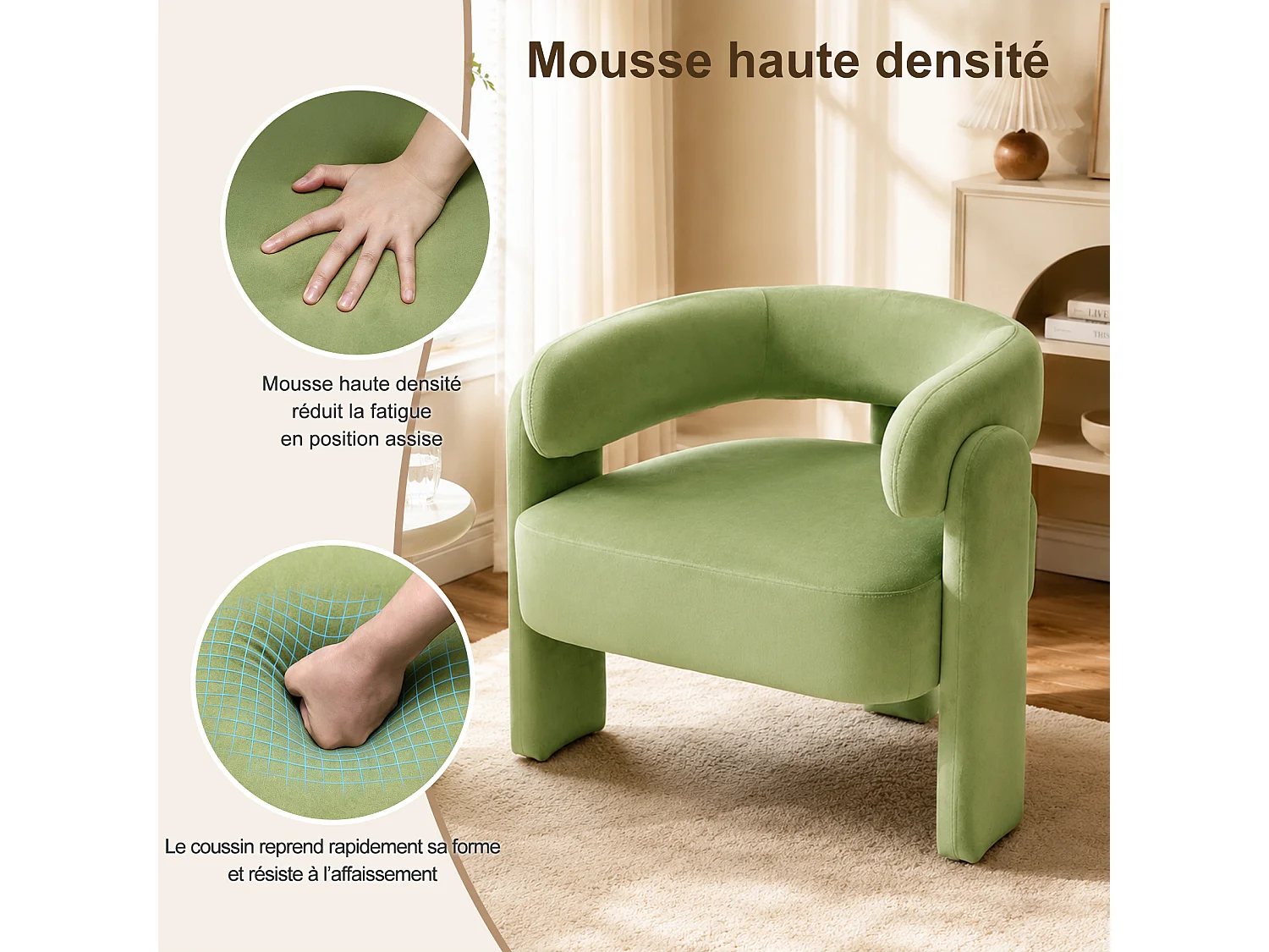 Fauteuil d’Accent Moderne – Fauteuil Rembourré Confortable avec Dossier Enveloppant, Fauteuil Lounge avec Coussin Moelleux, Fauteuil de Lecture pour Salon, Chambre