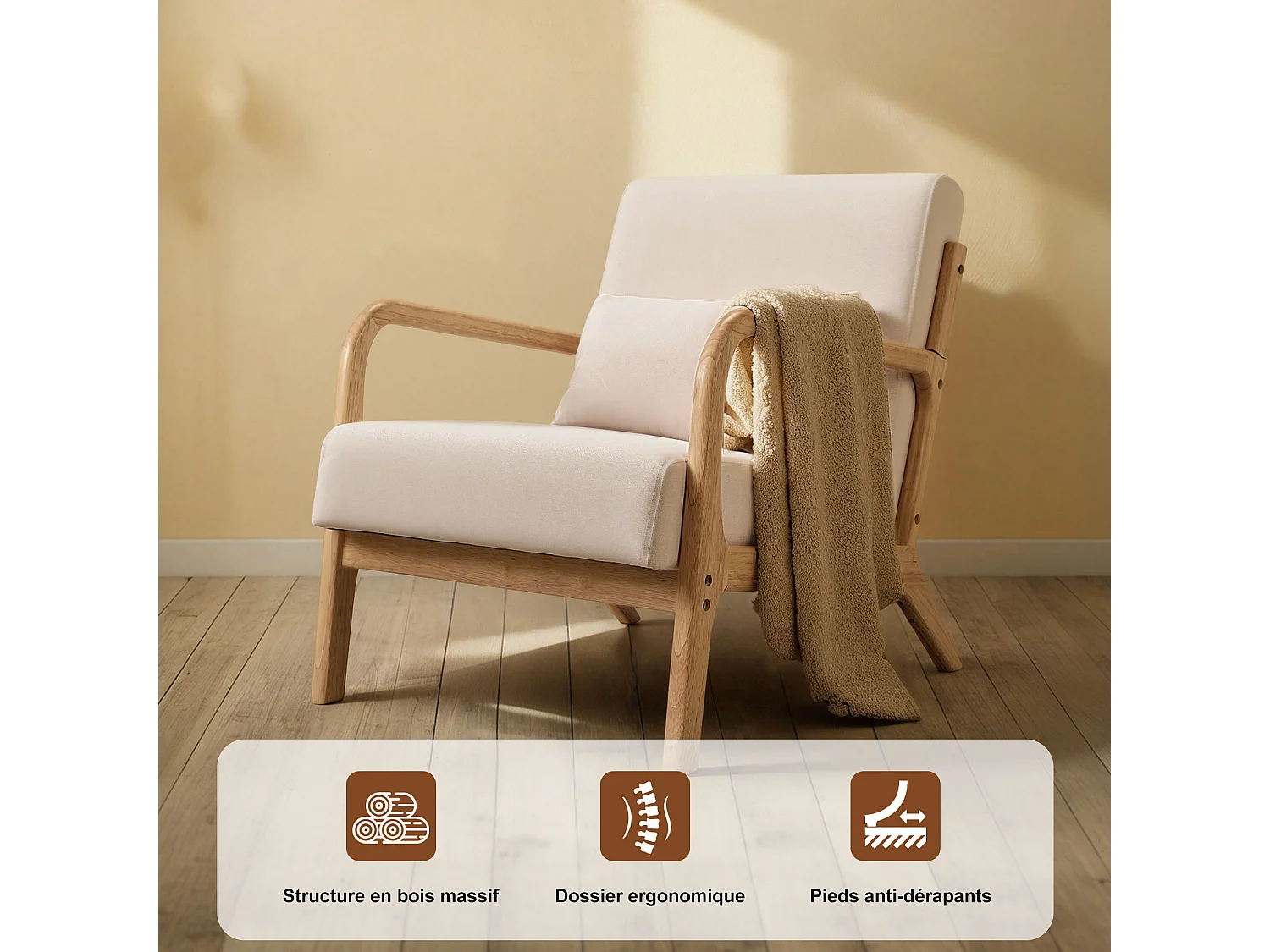 Japanse stoffen fauteuil – Comfortabele lounge stoel met houten frame, ergonomische leesstoel, moderne accentstoel voor woonkamer, slaapkamer en ontspanningsruimte