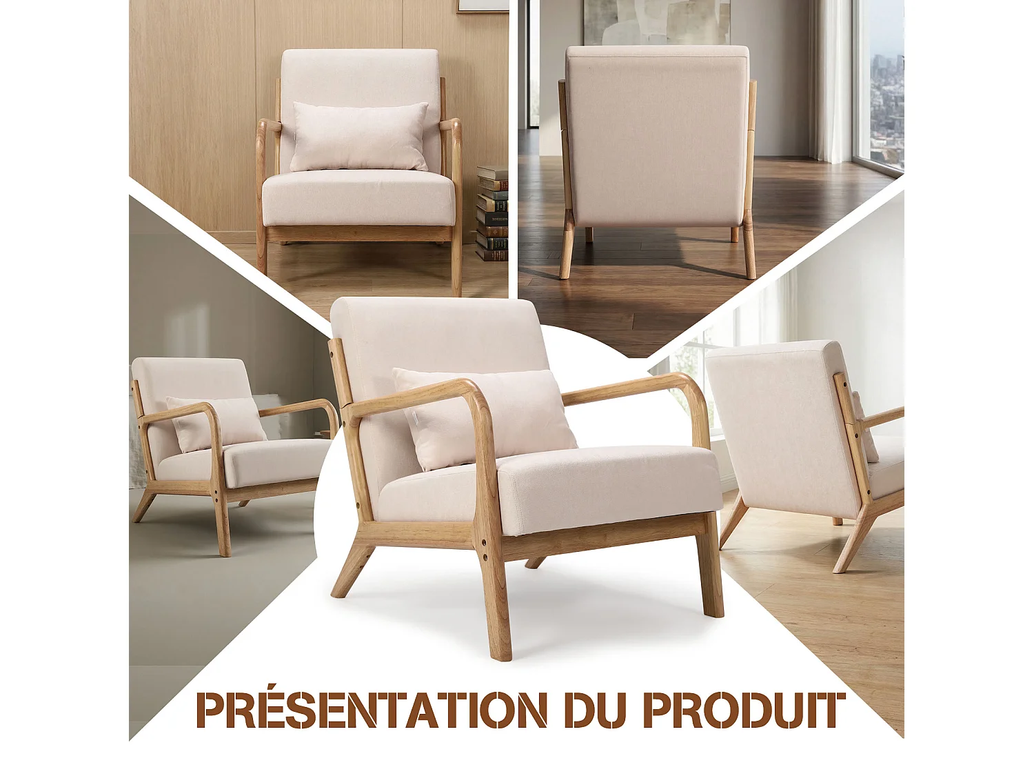 Japanse stoffen fauteuil – Comfortabele lounge stoel met houten frame, ergonomische leesstoel, moderne accentstoel voor woonkamer, slaapkamer en ontspanningsruimte