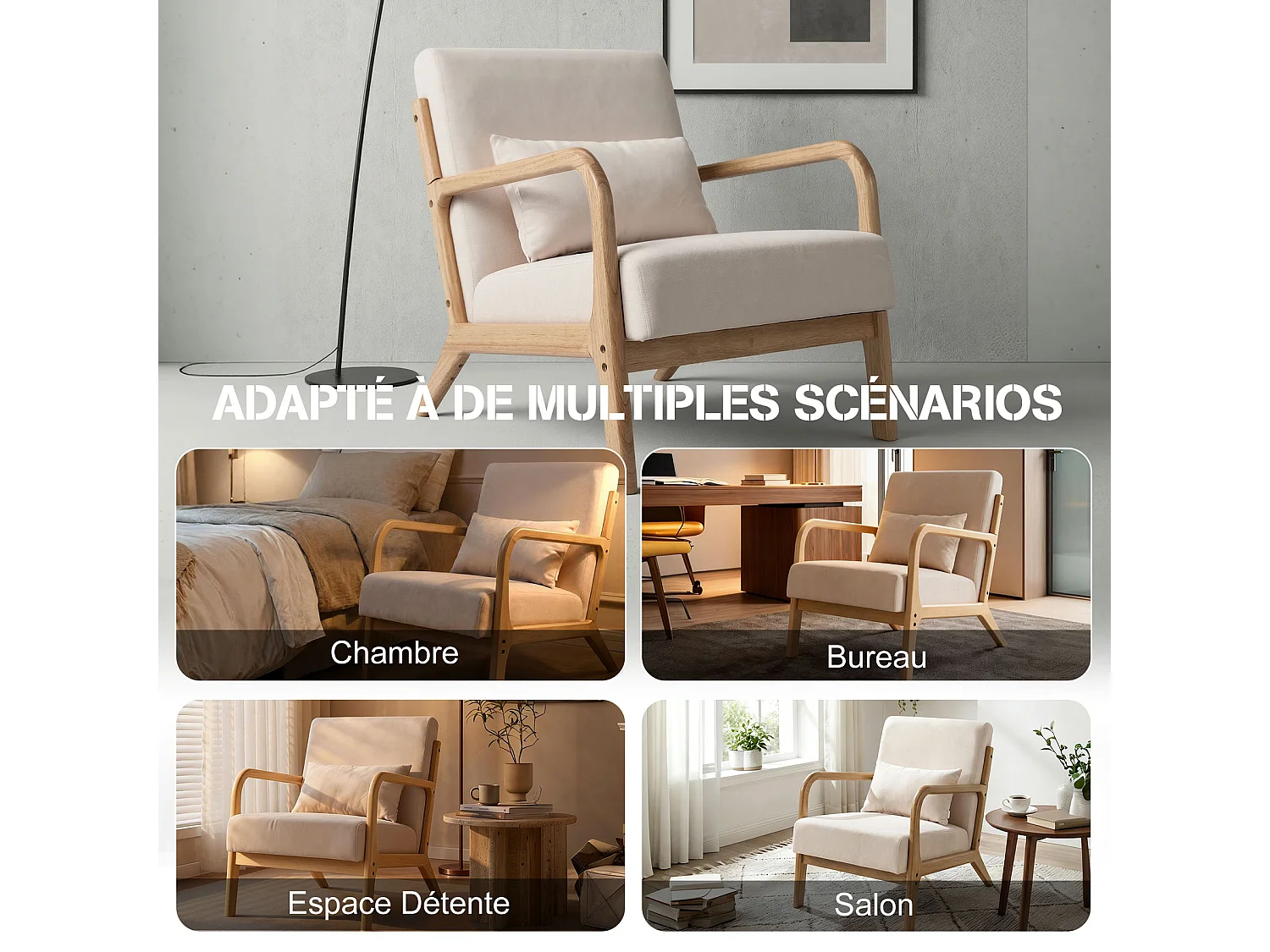 Japanse stoffen fauteuil – Comfortabele lounge stoel met houten frame, ergonomische leesstoel, moderne accentstoel voor woonkamer, slaapkamer en ontspanningsruimte