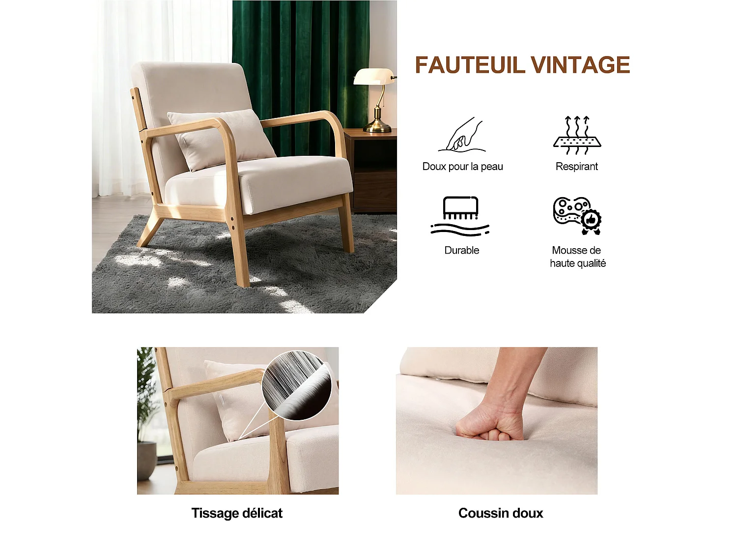 Japanse stoffen fauteuil – Comfortabele lounge stoel met houten frame, ergonomische leesstoel, moderne accentstoel voor woonkamer, slaapkamer en ontspanningsruimte