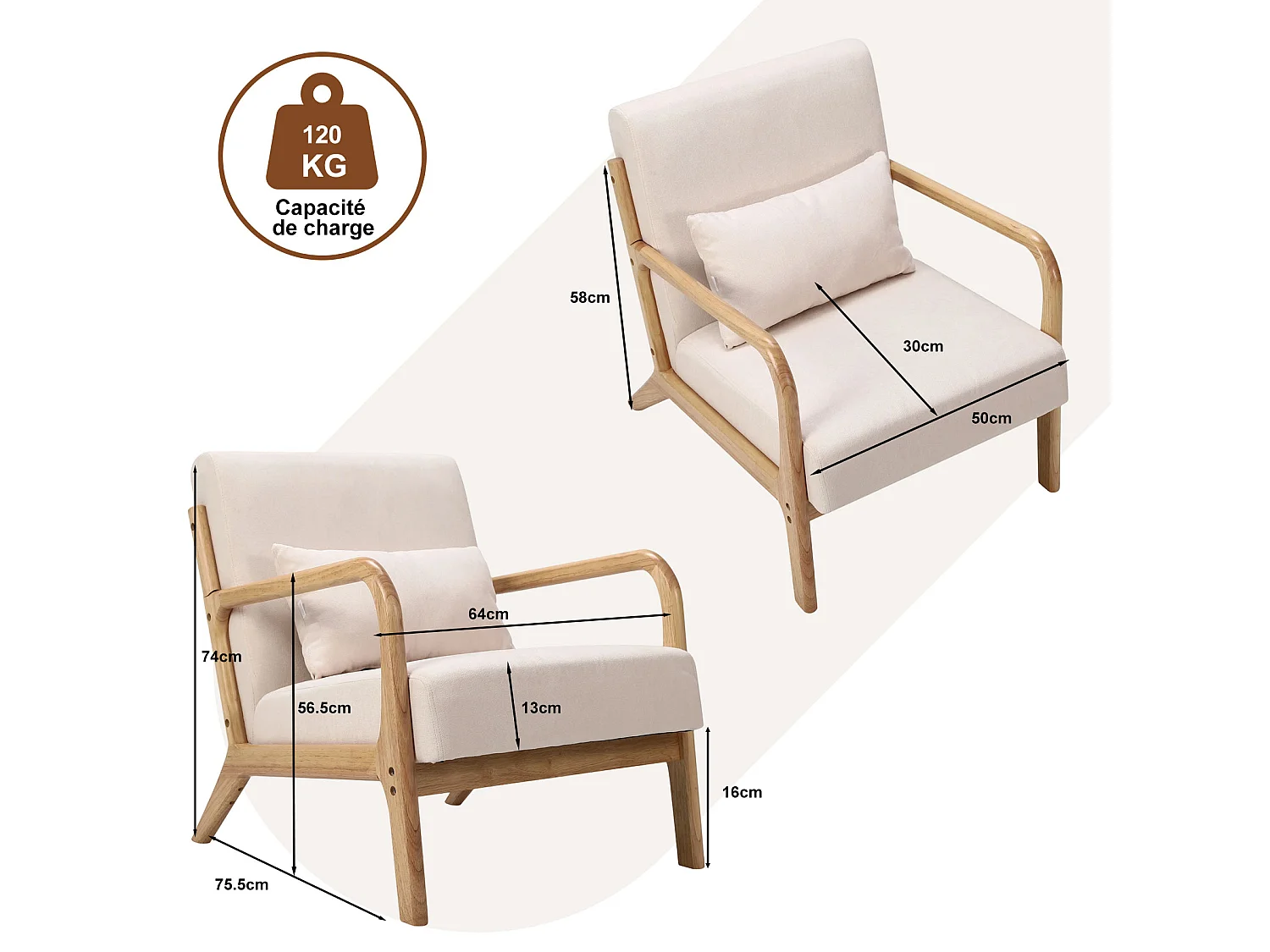 Japanse stoffen fauteuil – Comfortabele lounge stoel met houten frame, ergonomische leesstoel, moderne accentstoel voor woonkamer, slaapkamer en ontspanningsruimte