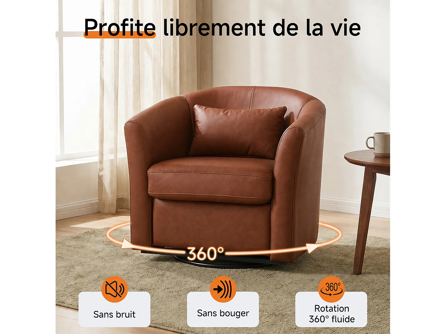 Fauteuil Cabriolet Pivotant Moderne – Fauteuil Lounge Rotatif à 360° avec Dossier Haut pour un Soutien Optimal, Fauteuil d’Accent Rembourré Confortable pour Salon,