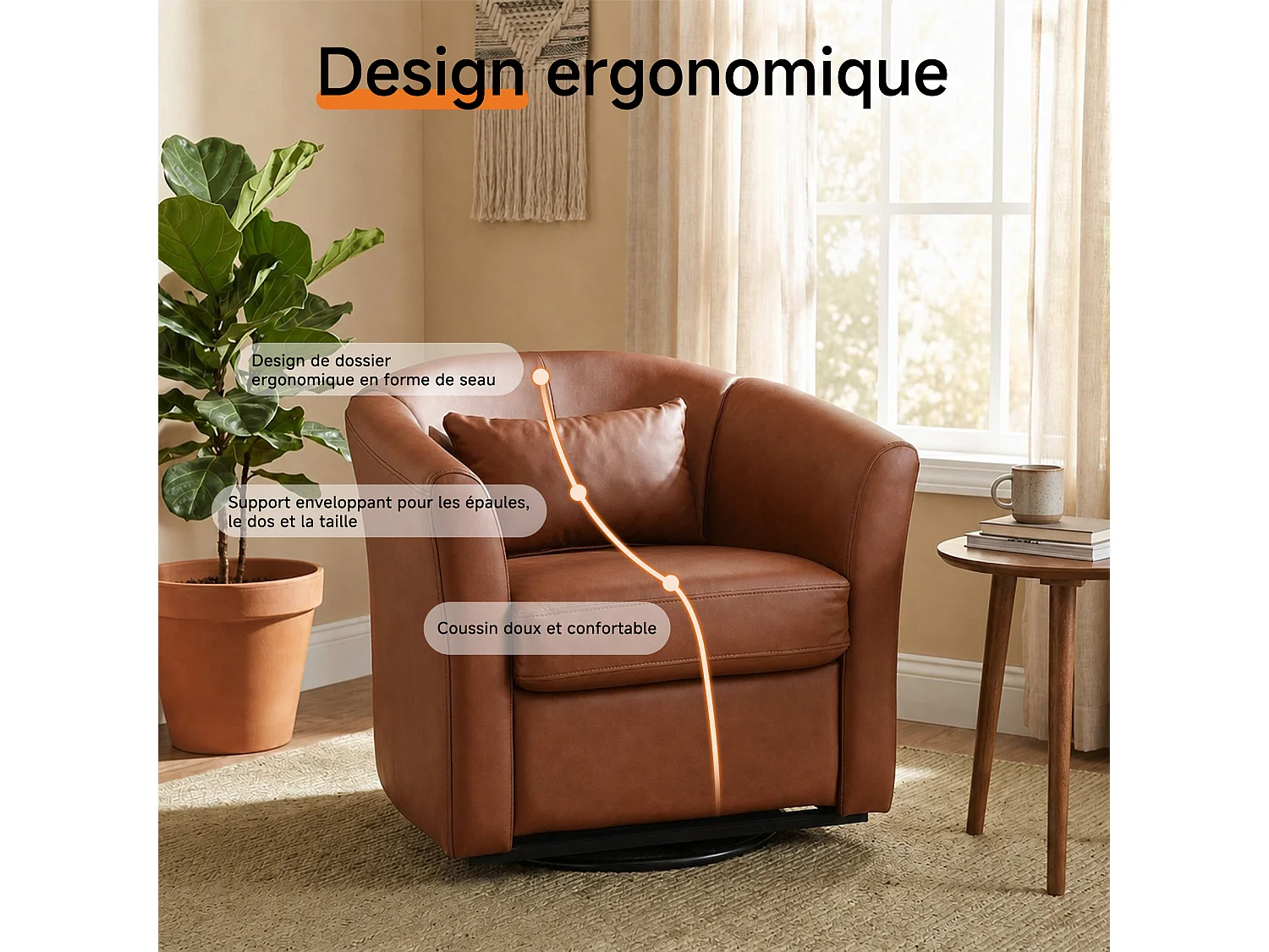 Fauteuil Cabriolet Pivotant Moderne – Fauteuil Lounge Rotatif à 360° avec Dossier Haut pour un Soutien Optimal, Fauteuil d’Accent Rembourré Confortable pour Salon,