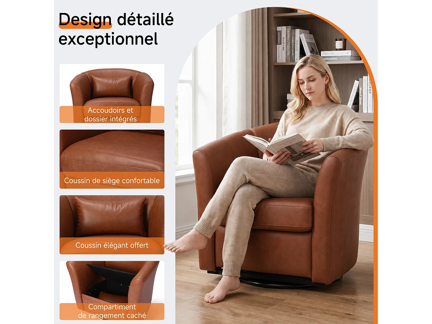 Fauteuil Cabriolet Pivotant Moderne – Fauteuil Lounge Rotatif à 360° avec Dossier Haut pour un Soutien Optimal, Fauteuil d’Accent Rembourré Confortable pour Salon,